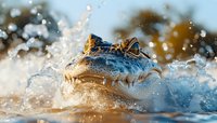 Close up of alligator head emerging from water with splashing droplets and golden sunlight creating dramatic effect in natural habitat. Wildlife photography.