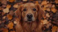 Golden retriever dog with expressive blue eyes looking at camera against blurred autumn leaves background, soft natural lighting creates warm mood.