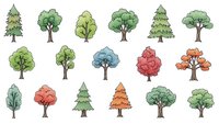 Hand-drawn tree collection with various species in different seasons. Colorful deciduous and evergreen trees isolated on white background for design projects.