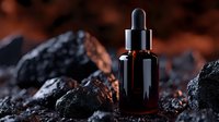 Amber glass dropper bottle with essential oil or serum on black coal or charcoal background, showcasing luxury skincare product for beauty industry.