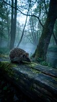Hedgehog walking on mossy fallen log in misty forest with tall trees and soft natural lighting creating peaceful woodland atmosphere.