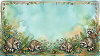 Watercolor illustration of four raccoons in natural woodland setting with lush green foliage, flowers, and decorative ornamental border frame, suitable for children's books and nursery decor.