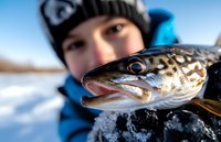Close-up of freshly caught northern pike fish with open mouth on winter ice fishing background, showing detailed scales and teeth in natural lighting.