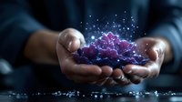 Businessman hands holding glowing digital brain with neural network connections and sparkling particles representing artificial intelligence and innovation.
