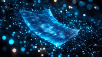 Glowing digital document with network connections floating in dark space surrounded by blue bokeh lights and particle effects, futuristic technology concept.