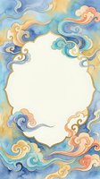 Watercolor ornate frame with swirling clouds in blue, gold and coral tones. Decorative border with baroque scrollwork for invitations and greeting cards.