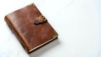 Vintage brown leather journal with brass buckle closure and aged patina texture isolated on white background for design projects and creative work.