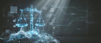Digital justice scales hologram with glowing particles and light rays on dark background for legal technology and law firm presentations.