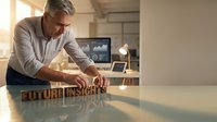 Mature businessman arranging wooden blocks spelling FUTURE INSIGHTS on modern office desk, strategic planning and business vision concept.