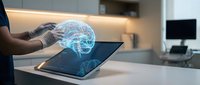 Businessman using tablet with holographic brain projection in modern office workspace for artificial intelligence and neurotechnology applications.