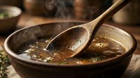 Wooden spoon stirring steaming broth in rustic bowl, aromatic soup preparation for cooking and culinary content.
