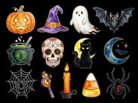 Halloween clipart set with pumpkin, ghost, bat, witch hat, skull, black cat, cauldron, candle, spider, and candy corn, isolated on transparent background, ready for stickers and print on demand.