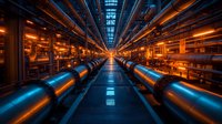 Industrial pipeline corridor with dramatic blue and orange lighting creates futuristic perspective in modern manufacturing facility, metal tubes extend to vanishing point.