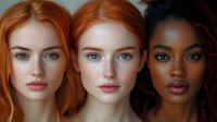 Diverse female portraits showing natural beauty with contrasting features - red-haired caucasian women and dark-skinned model with distinctive eye colors and facial features.