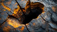 Dark stone surface with heart-shaped natural cavity illuminated by warm golden light, creating dramatic contrast between rough textured rock and deep shadows.