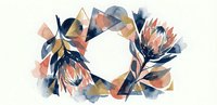 Watercolor autumn wreath with protea flowers and eucalyptus leaves in warm orange navy blue tones isolated on transparent background for wedding invitations.