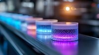 Illuminated smart speakers with colorful LED lights creating atmospheric glow effect, bubbles inside transparent cases on dark surface. Modern tech ambiance.