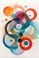 Abstract watercolor circles in vibrant orange, red, turquoise and navy blue create dynamic composition with fluid organic shapes and splashes on white paper background.