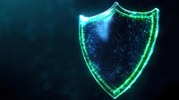 Glowing green shield symbol with digital particles on dark background represents cybersecurity, data protection and network defense concept for tech designs.