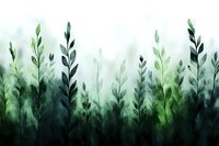 Watercolor forest silhouettes in misty green tones create atmospheric nature backdrop. Leafy stems rise through foggy gradient background. Seamless horizontal pattern.