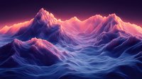 Surreal mountain landscape with pink sunset glow illuminating snow-capped peaks against deep blue valleys, creating dramatic light and shadow effects.