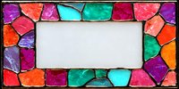 Colorful mosaic photo frame with vibrant stained glass pieces in pink, purple, orange, and turquoise surrounding empty rectangular space for customization.