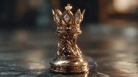 Golden chess queen piece with ornate crown standing on wooden chessboard in warm lighting for strategy games and business leadership concepts.