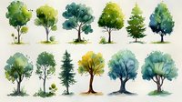 Watercolor collection of diverse trees with varying shapes and colors, ideal for nature-themed designs and environmental projects.