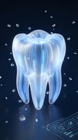Transparent glass tooth with glowing blue light effects and floating bubbles on dark background for dental care and oral health concepts.