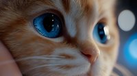 Close-up of ginger tabby cat with striking blue eyes and pink nose, isolated on blurred background for pet, veterinary, and animal care design projects.