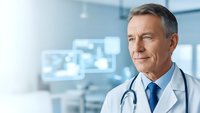 Professional mature male doctor with stethoscope in modern hospital setting looking confident and experienced for medical healthcare concepts.