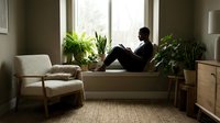 Woman in black clothing relaxing on beige sofa near window with potted plants in modern living room interior with natural light and minimalist decor.