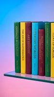 Colorful educational books arranged on shelf against vibrant gradient background for academic and learning concepts.