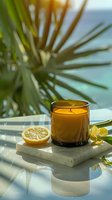 Aromatic citrus candle in amber glass on marble tray with fresh lemon slice and tropical palm leaves casting shadows in soft natural sunlight.
