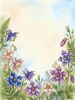 Watercolor columbine flowers in blue, purple, and pink with green ferns framing a soft pastel background, perfect for cards and invitations.