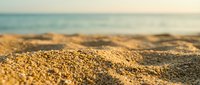 Sandy beach shore with shallow focus on golden sand grains and blurred ocean horizon, suitable for travel and summer vacation backgrounds.