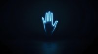 Glowing blue neon hand silhouette floating in dark space with reflection on black surface, creating mysterious technological atmosphere.