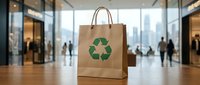 Eco-friendly brown paper shopping bag with green recycling symbol stands in modern mall corridor with blurred shoppers and storefronts in background.