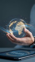Hand holding glowing digital globe with golden world map and blue energy waves, smartphone nearby, representing global connectivity, technology, and international business communication.