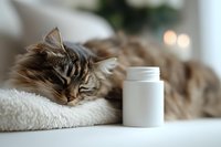 Sleeping long-haired tabby cat lying on white blanket next to medicine bottle, representing pet health care and veterinary medicine concept.