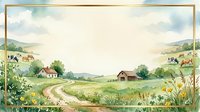 Pastoral countryside landscape with rolling hills, farmland, grazing cattle, rustic barn, winding dirt road, wildflowers, and cloudy sky. Vintage watercolor style illustration for farm, agriculture, rural, and nature design projects.