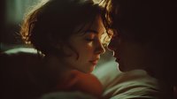 Intimate moment between young couple in warm golden light showing tender connection and romance in cozy bedroom setting for relationship concepts.