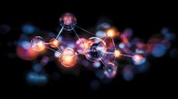 Glowing molecular structure with interconnected spheres and bonds illuminated in pink and orange against dark background, scientific visualization.