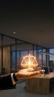 Businessman holding glowing scales of justice symbol in modern office at sunset, representing legal services, law firm, compliance, ethics, and corporate governance for business solutions.