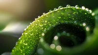 Fresh green leaf curl with morning dew drops in macro photography showing nature details, water droplets and natural patterns in vibrant spring colors.