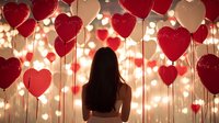 Young Asian woman silhouette from behind looking at heart shaped balloons against glowing bokeh lights background, romantic Valentine's Day celebration setting.