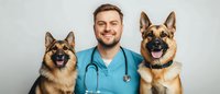 Smiling veterinarian in blue scrubs with stethoscope posing between two happy German Shepherd dogs against light background, panoramic shot.