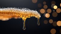 Golden honey drips with crystalline bubbles against dark background with bokeh lights, macro photography showing viscous texture and natural amber color.