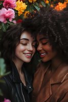 Two young women sharing intimate moment among blooming flowers, expressing genuine joy and friendship. Natural lighting enhances warm emotional connection.