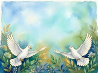 Pair of white doves flying toward each other with spread wings among lush green foliage and botanical elements against soft watercolor sky background. Suitable for peace, love, wedding and spiritual designs.